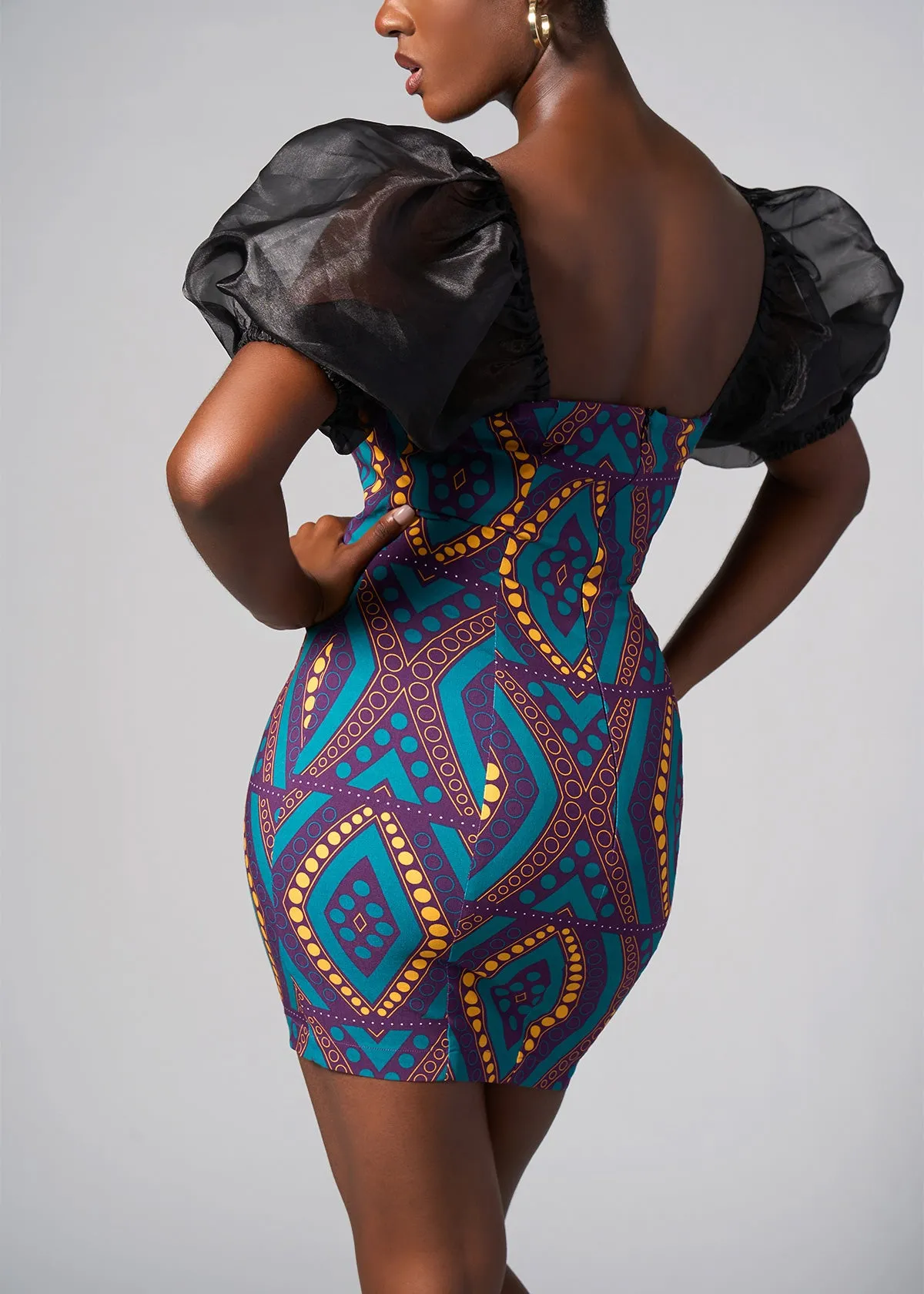 Nayana African Print Stretch Organza Sleeves  Dress (Emerald Retro Diamonds)