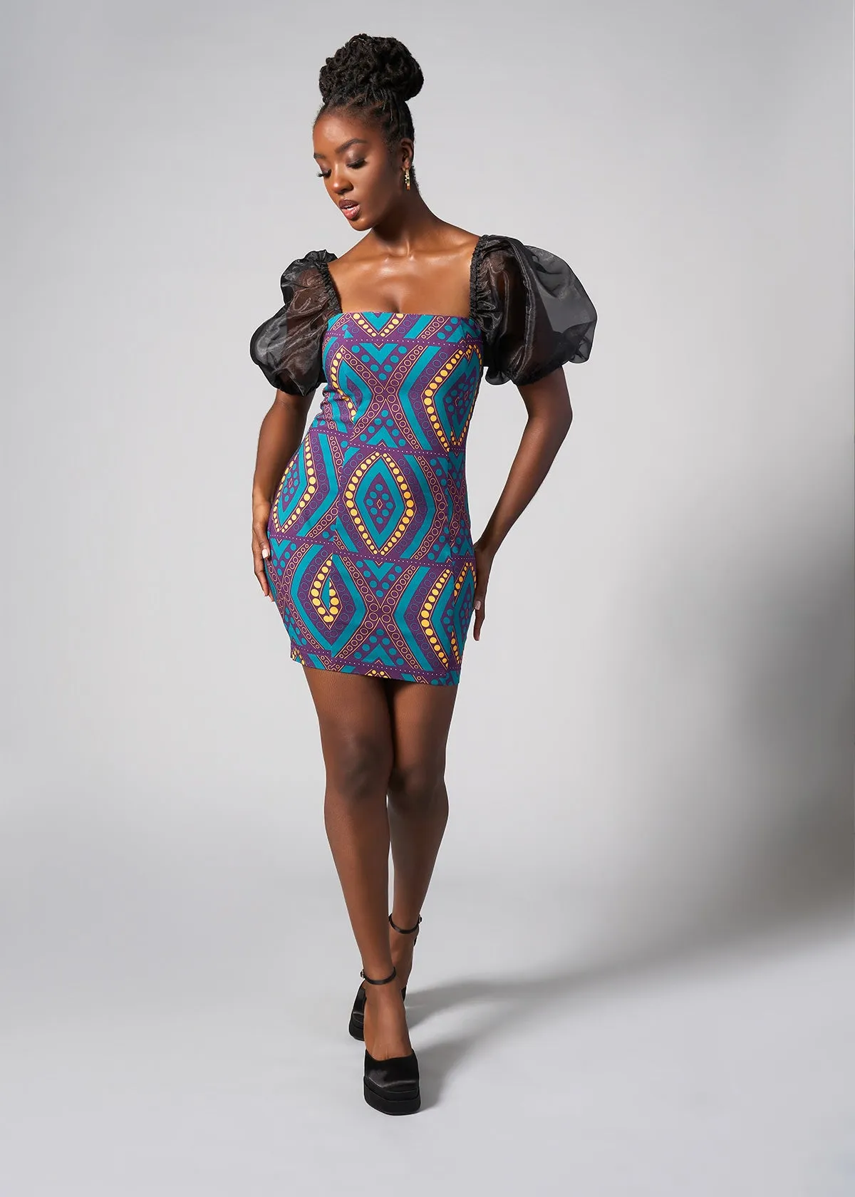 Nayana African Print Stretch Organza Sleeves  Dress (Emerald Retro Diamonds)