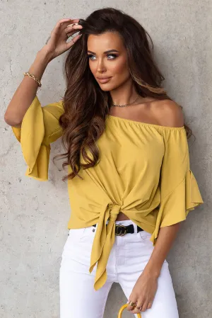 Off Neck Chiffon Lace up Pullover Top