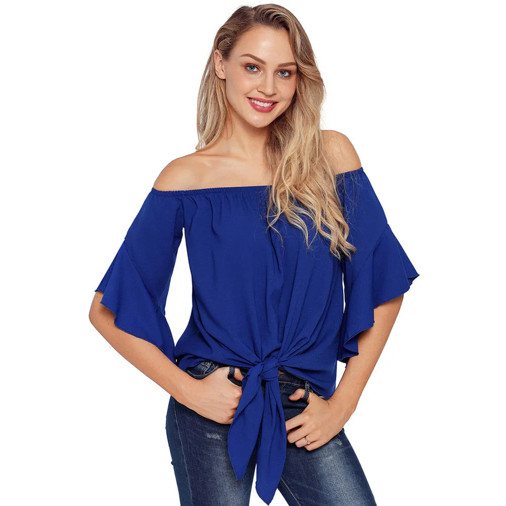 Off Neck Chiffon Lace up Pullover Top