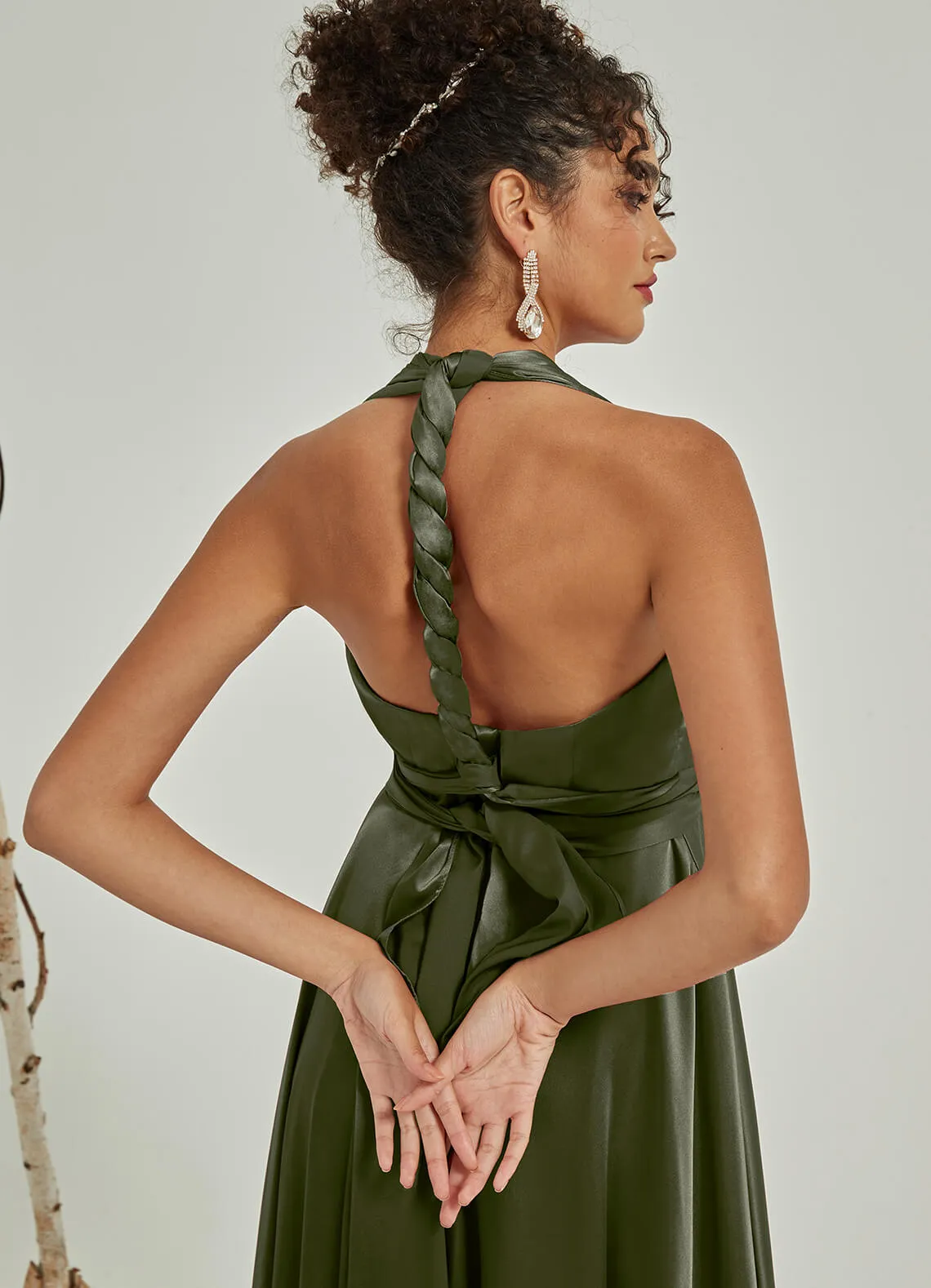 Olive Satin Convertible Bridesmaid Dress Multi Ways Wrap A-Line Gowns