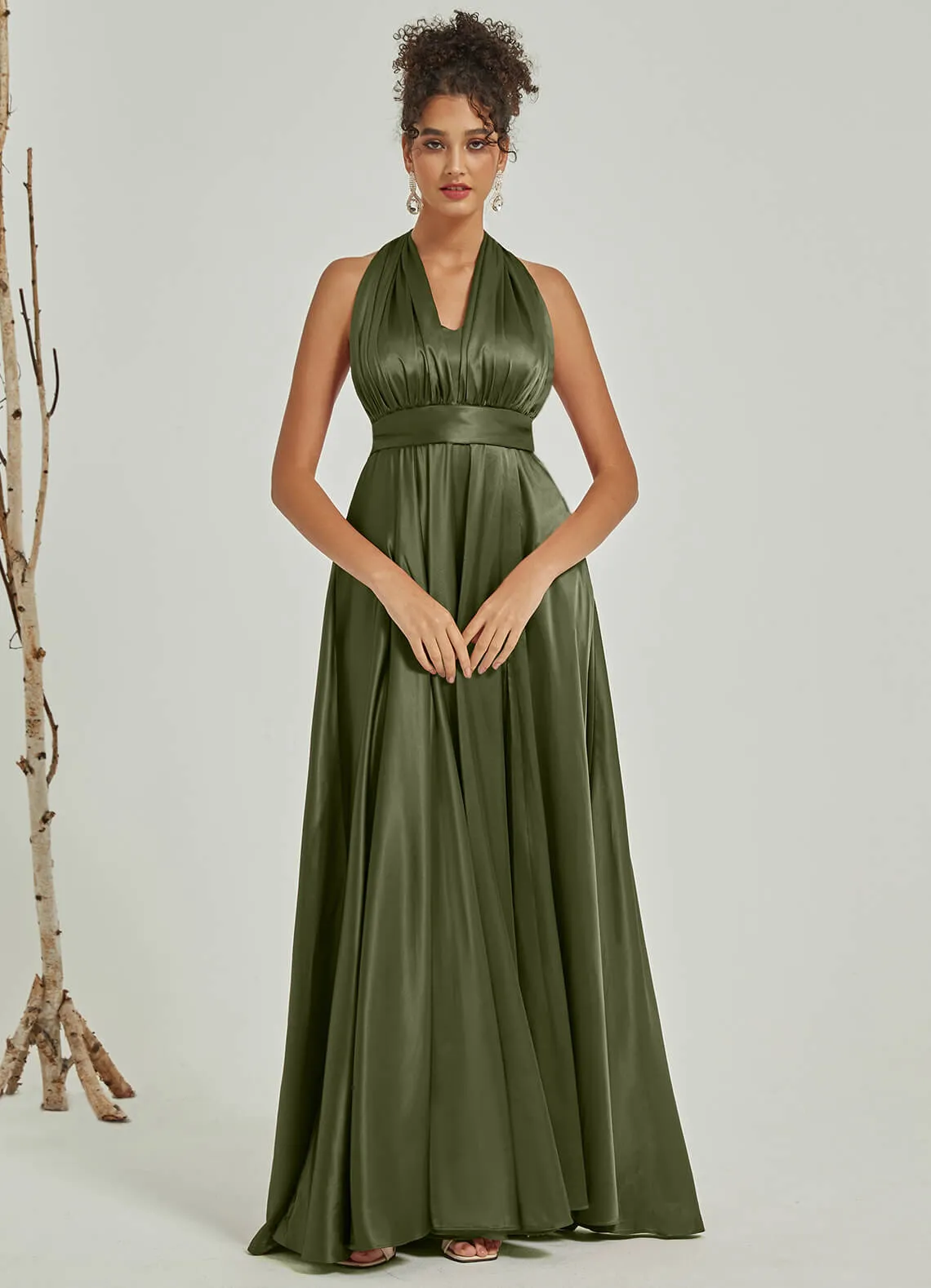 Olive Satin Convertible Bridesmaid Dress Multi Ways Wrap A-Line Gowns