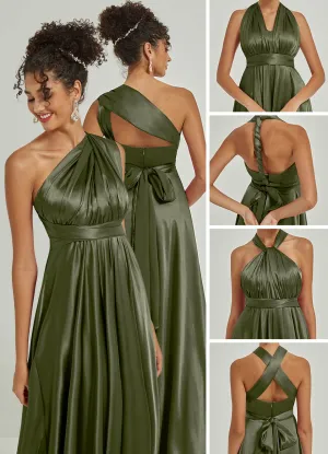 Olive Satin Convertible Bridesmaid Dress Multi Ways Wrap A-Line Gowns