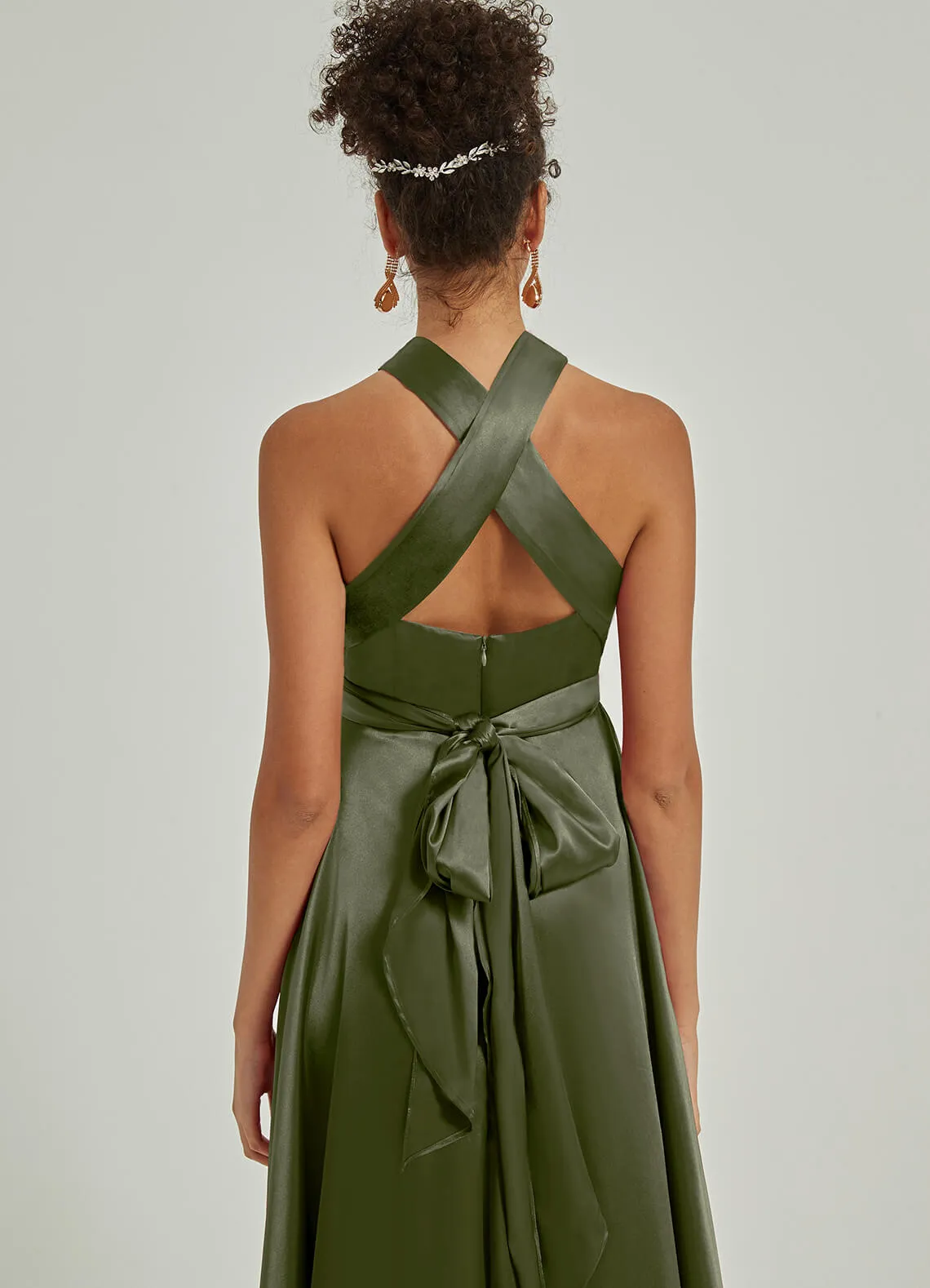 Olive Satin Convertible Bridesmaid Dress Multi Ways Wrap A-Line Gowns