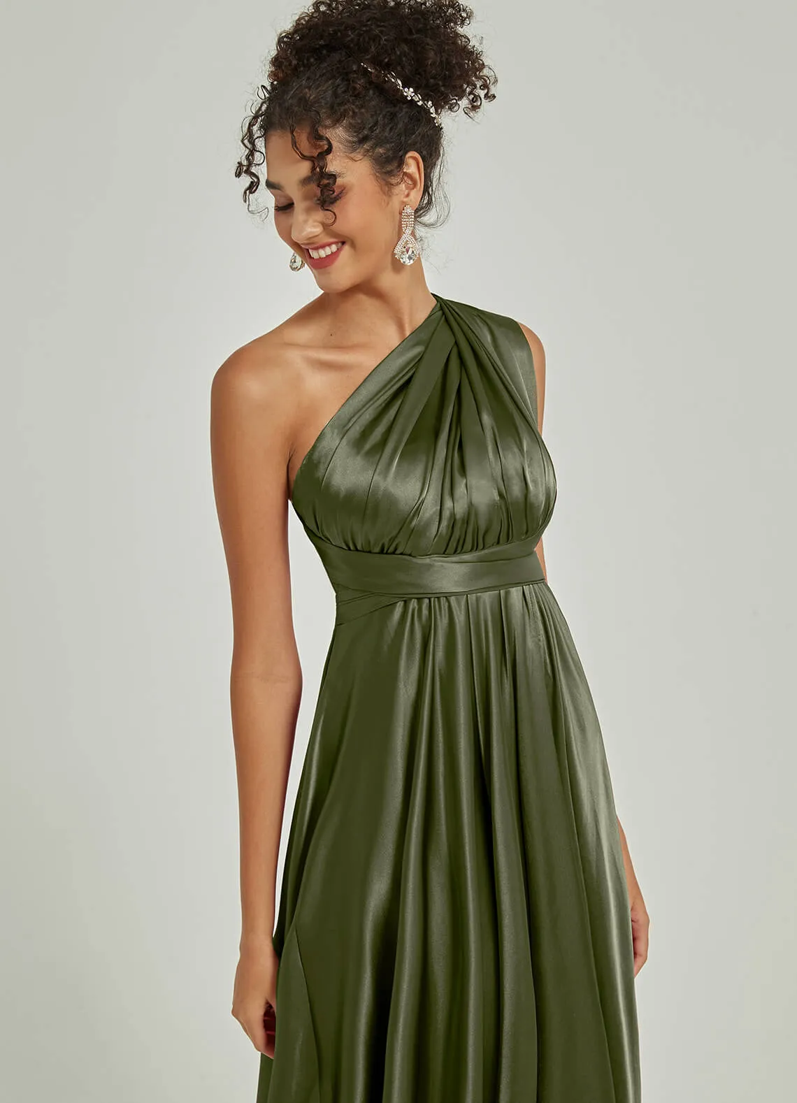 Olive Satin Convertible Bridesmaid Dress Multi Ways Wrap A-Line Gowns
