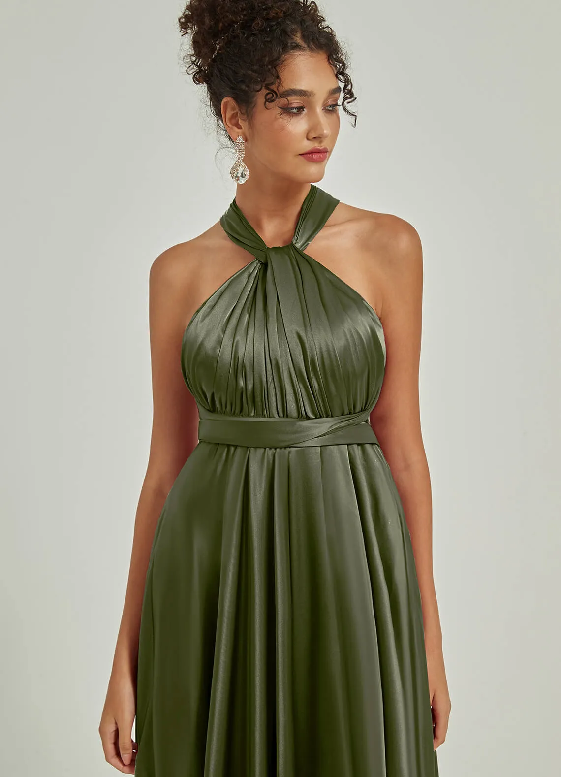 Olive Satin Convertible Bridesmaid Dress Multi Ways Wrap A-Line Gowns