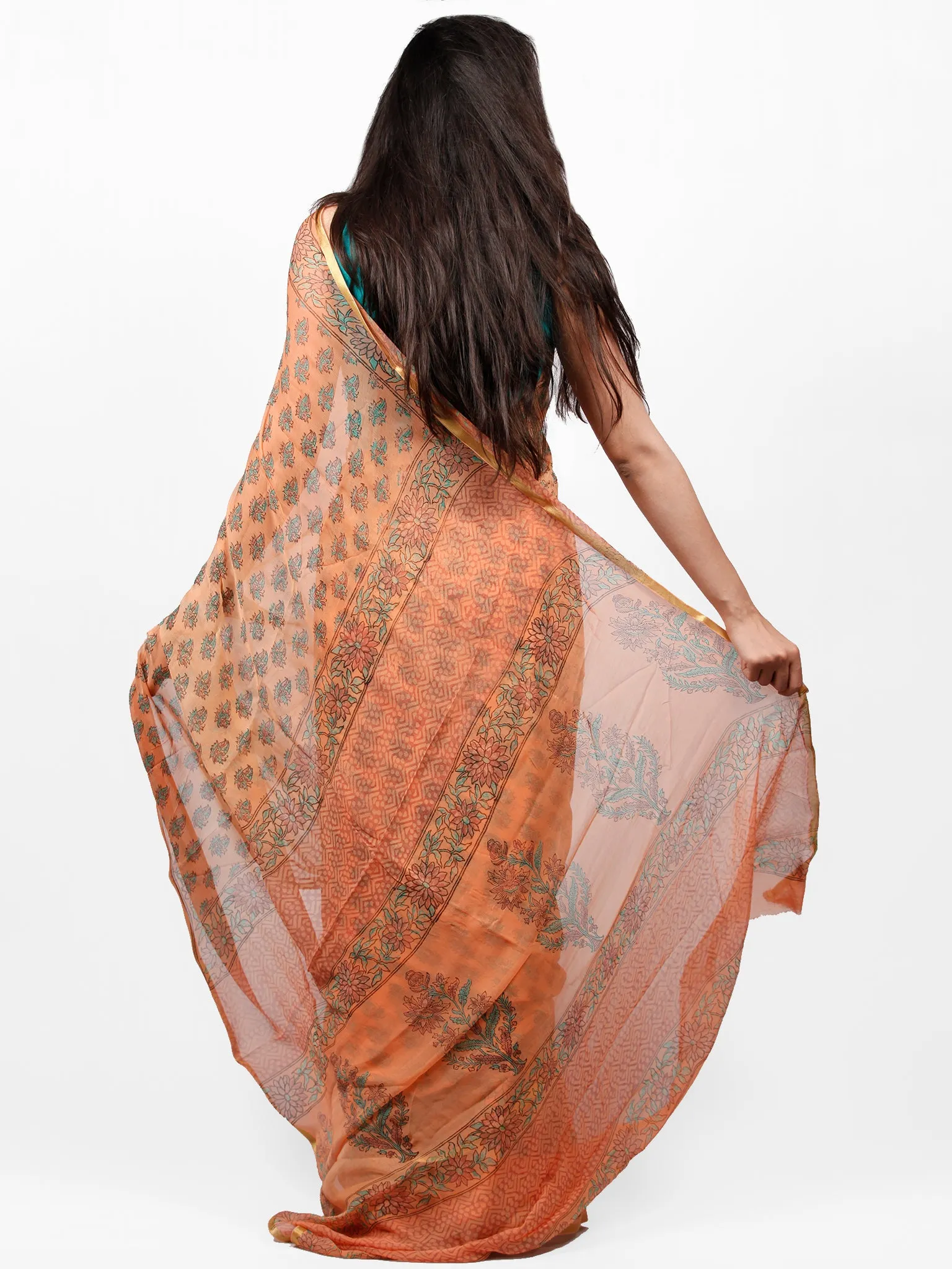 Peach Blue Hand Block Printed Chiffon Saree with Zari Border - S031703281