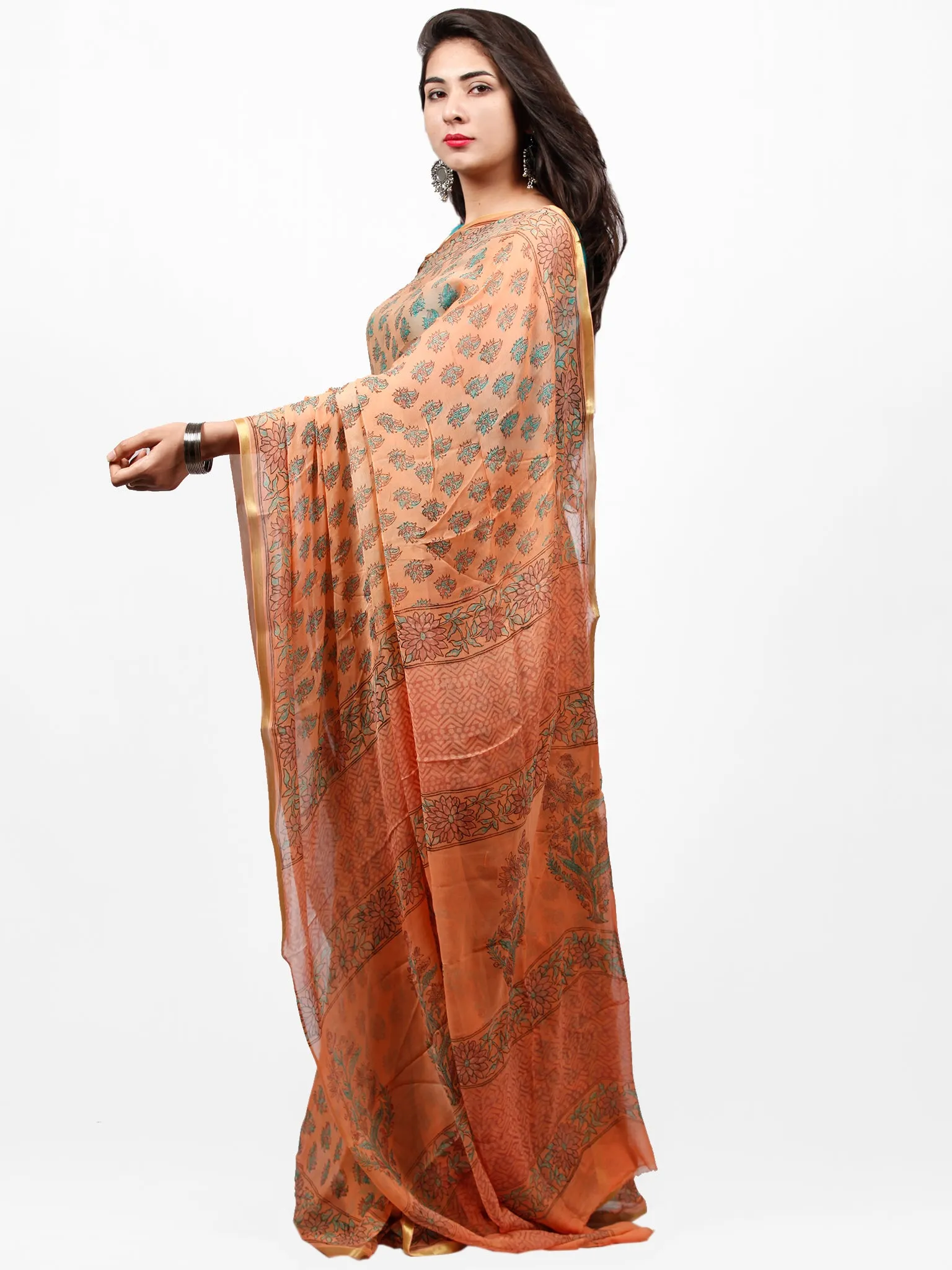 Peach Blue Hand Block Printed Chiffon Saree with Zari Border - S031703281