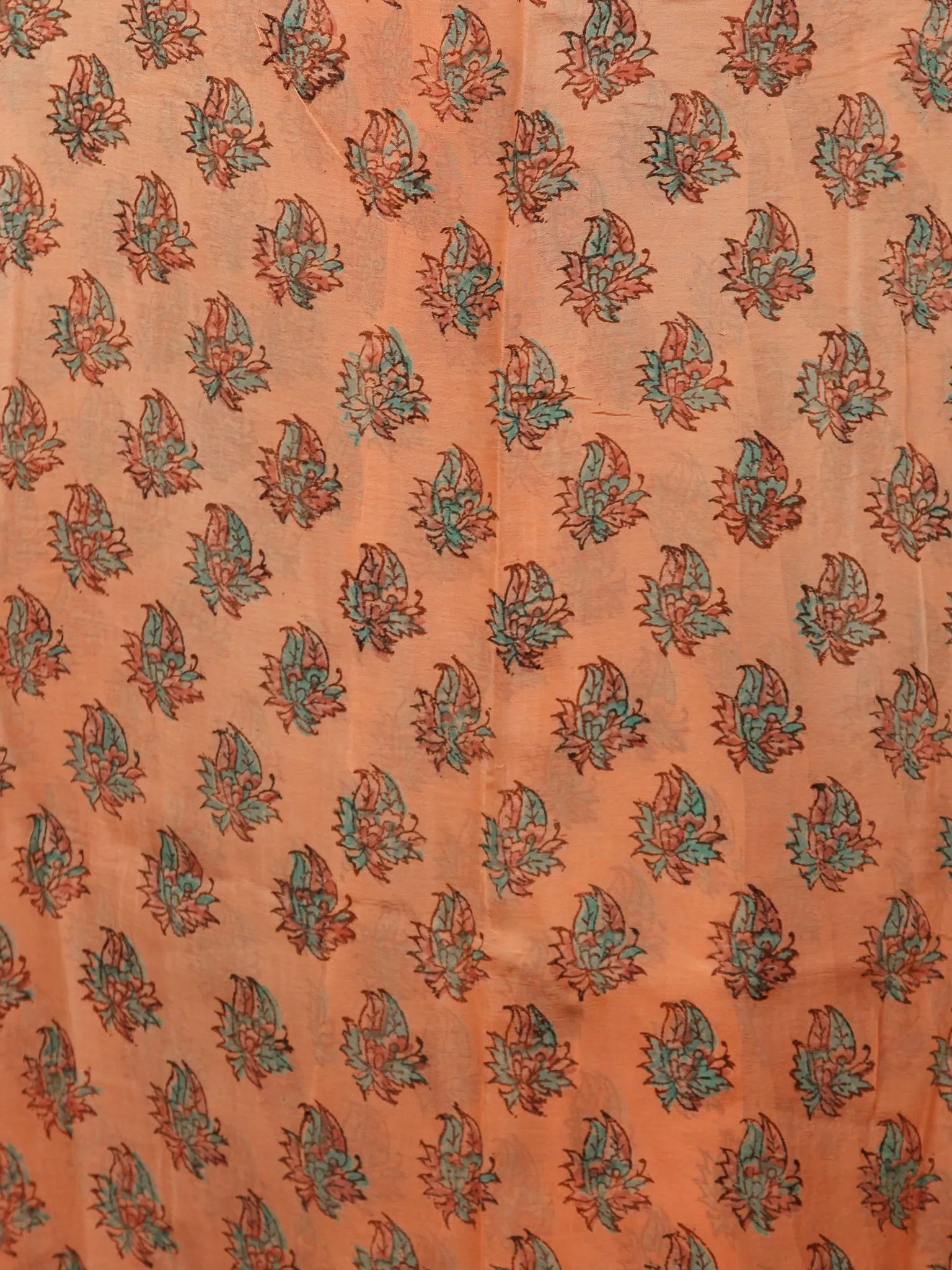 Peach Blue Hand Block Printed Chiffon Saree with Zari Border - S031703281