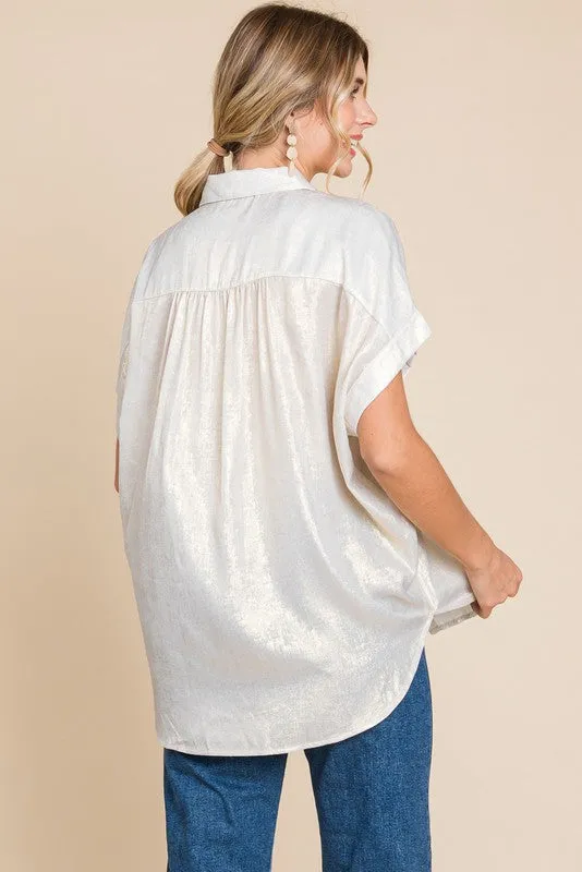 Pearl Metallic Collared Button Up Top - Final Sale
