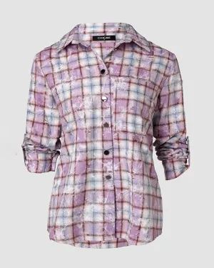 Plaid Print Roll Tab Sleeve Button Down Distressed Top