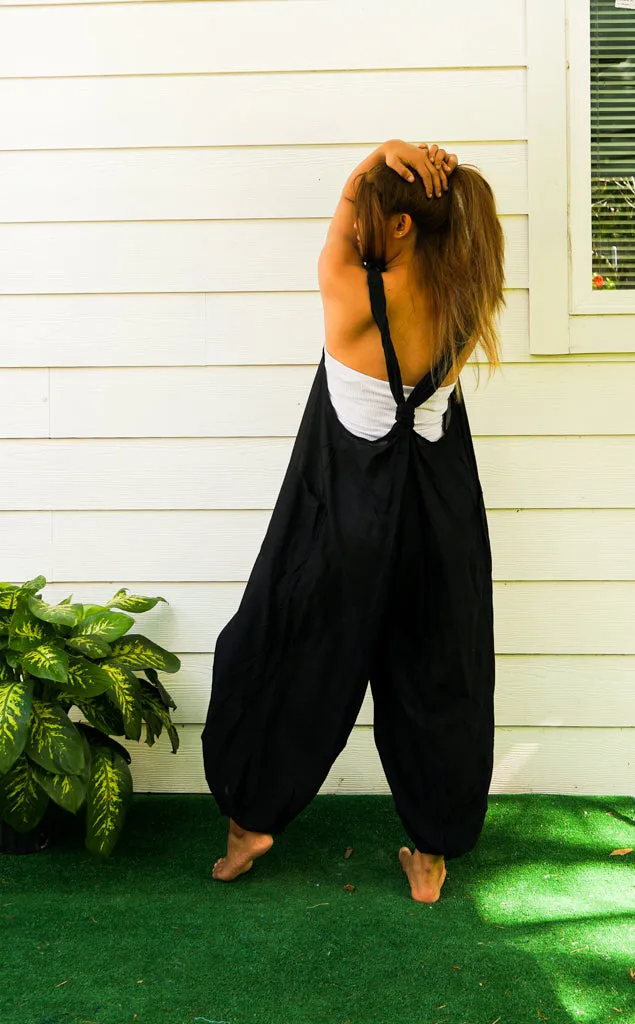 Plain Black Hippie Racerback Dungarees Jumpsuit Romper