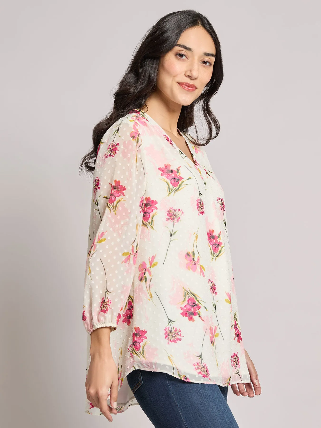 Plus Print V-Neck Pleated Kelly Blouse, Chiffon