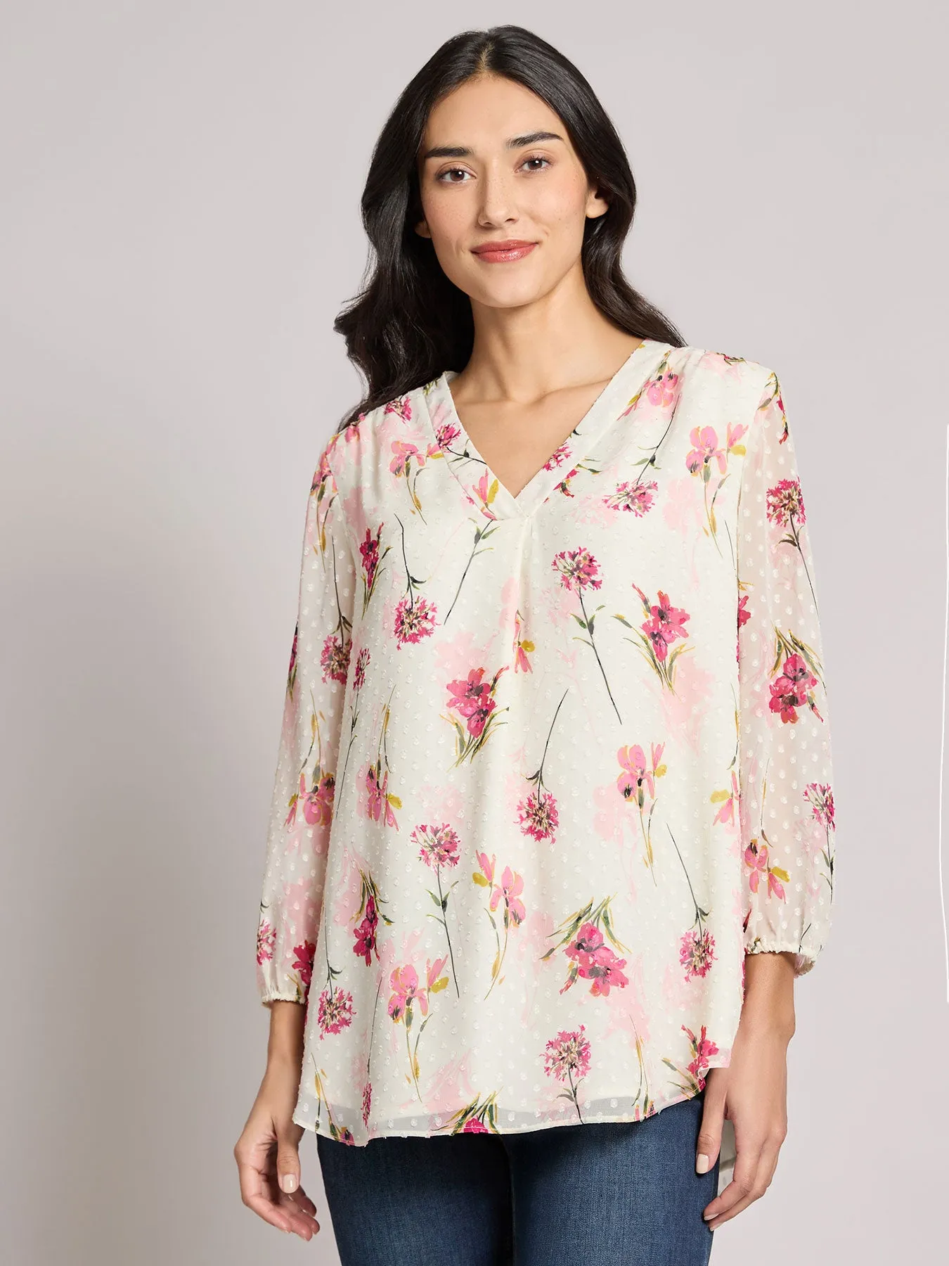 Plus Print V-Neck Pleated Kelly Blouse, Chiffon