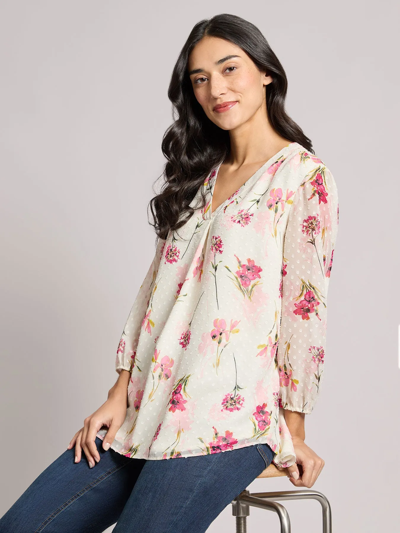 Plus Print V-Neck Pleated Kelly Blouse, Chiffon