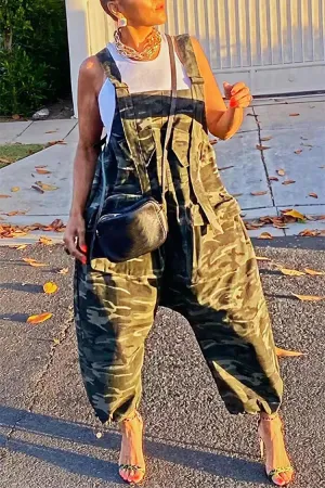 Plus Size Casual Camo Print Overall Cami Jumpsuits