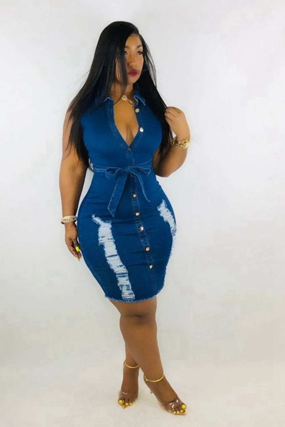 Plus Size Sleeveless Bodycon Ripped Denim Belted Dress
