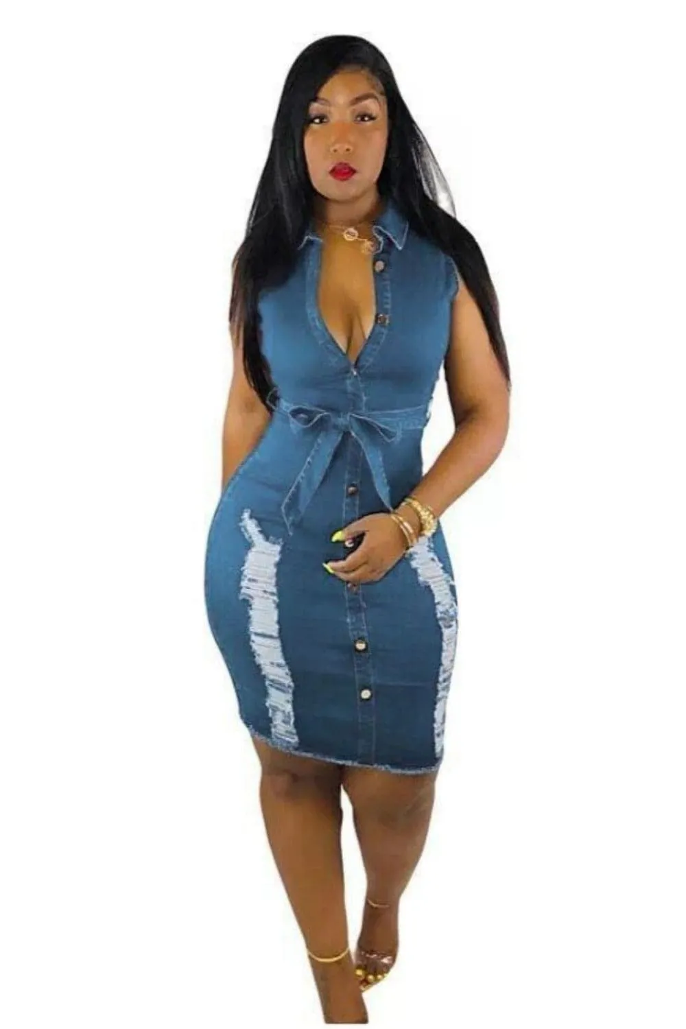 Plus Size Sleeveless Bodycon Ripped Denim Belted Dress