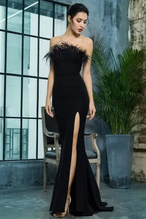 Plus Size Strapless Black Feather Maxi Dress