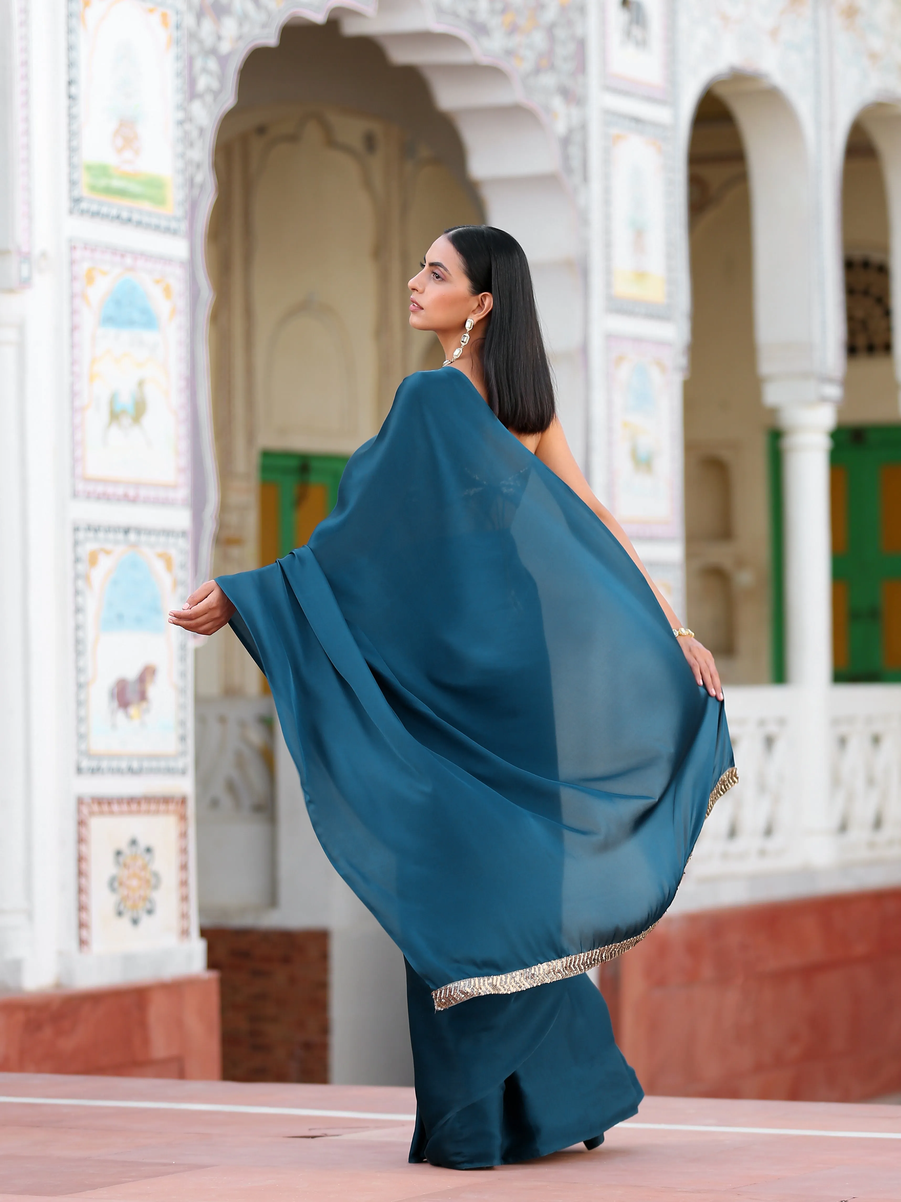 Prussian Blue Satin Saree
