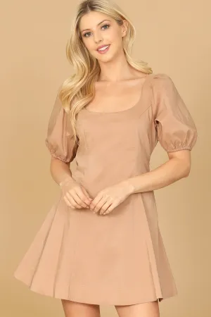 PUFF SLEEVE SCOOP NECK A-LINE DRESS