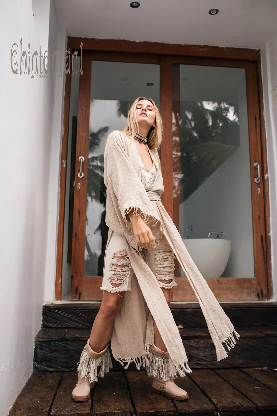 Raw Cotton Fringe Kimono Cardigan ∆ Wrap Jacket / Beige