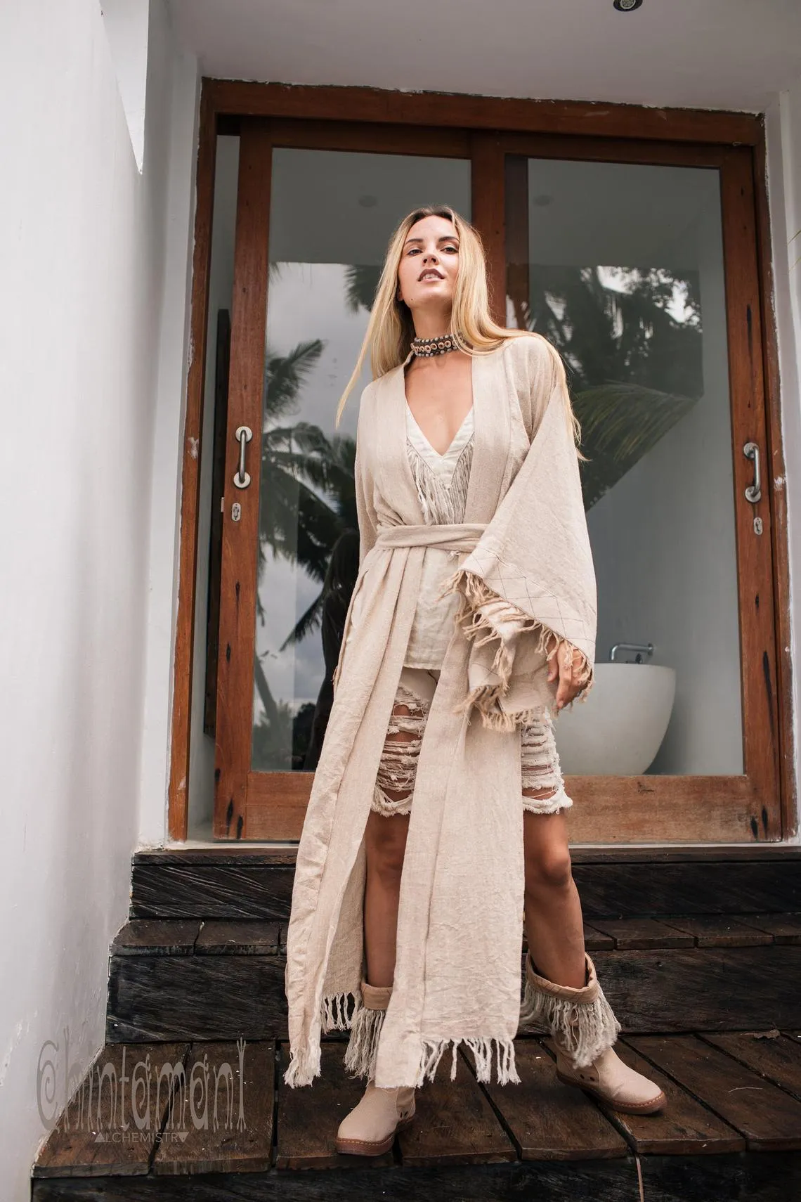 Raw Cotton Fringe Kimono Cardigan ∆ Wrap Jacket / Beige