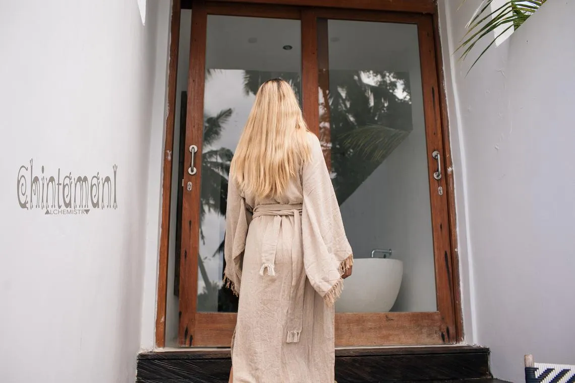 Raw Cotton Fringe Kimono Cardigan ∆ Wrap Jacket / Beige