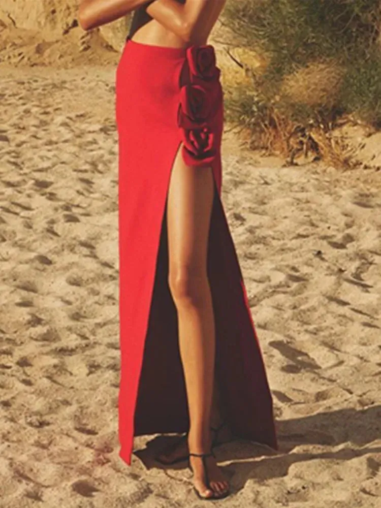 Red Black Long Bodycon Split Flower Bandage Skirt