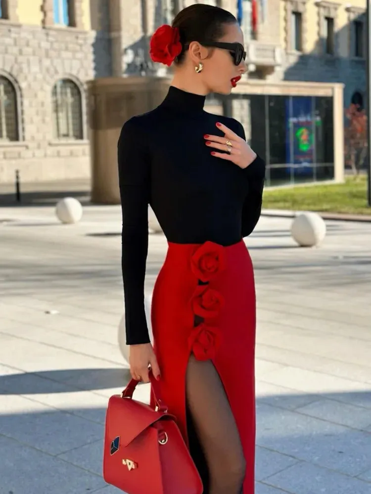 Red Black Long Bodycon Split Flower Bandage Skirt
