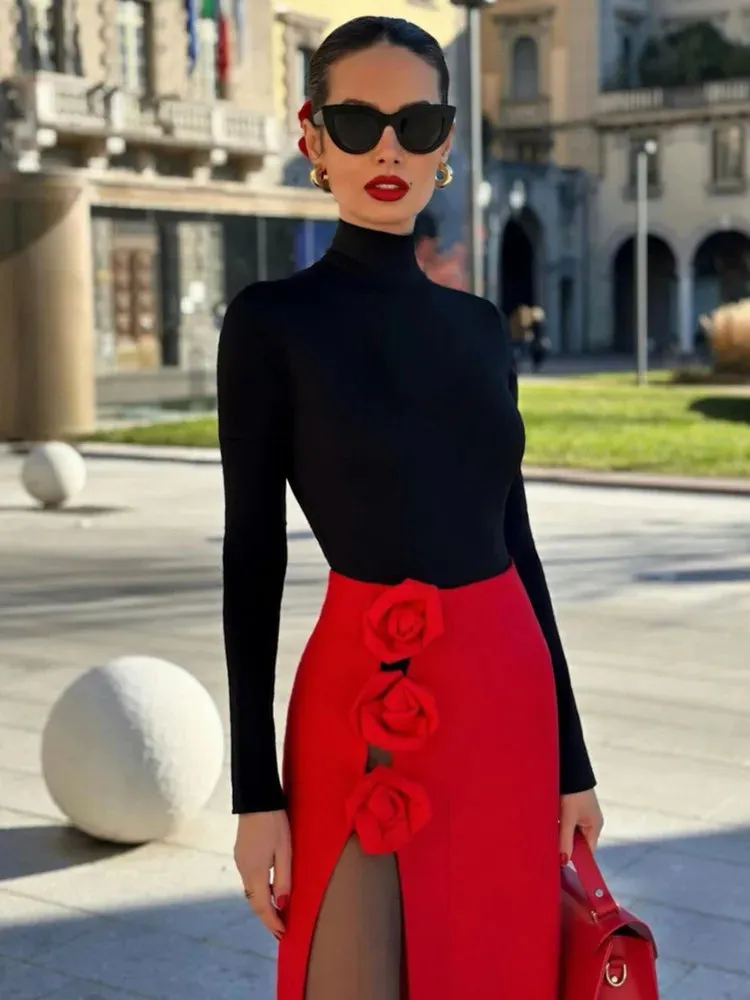 Red Black Long Bodycon Split Flower Bandage Skirt