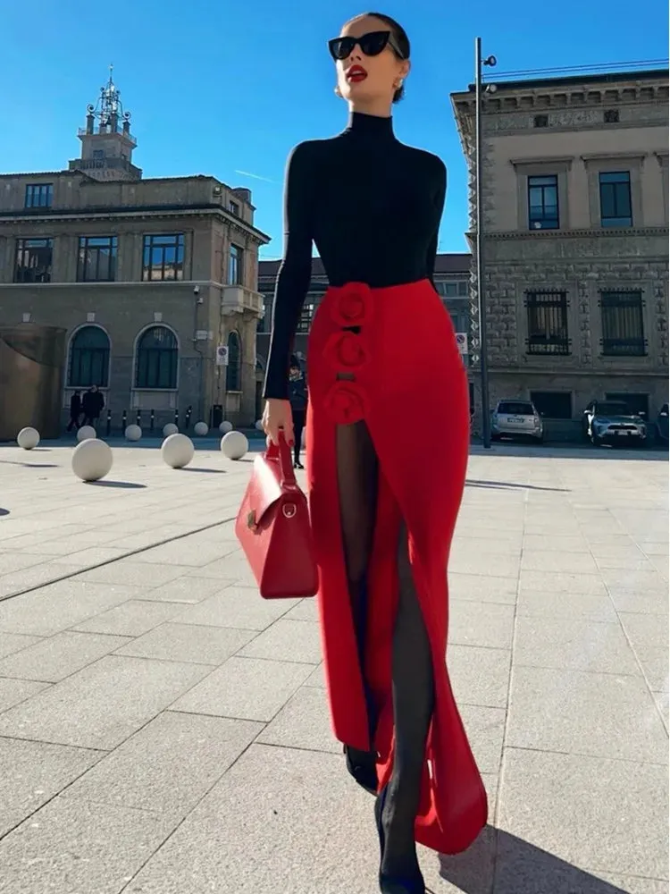 Red Black Long Bodycon Split Flower Bandage Skirt
