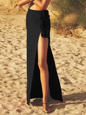 Red Black Long Bodycon Split Flower Bandage Skirt