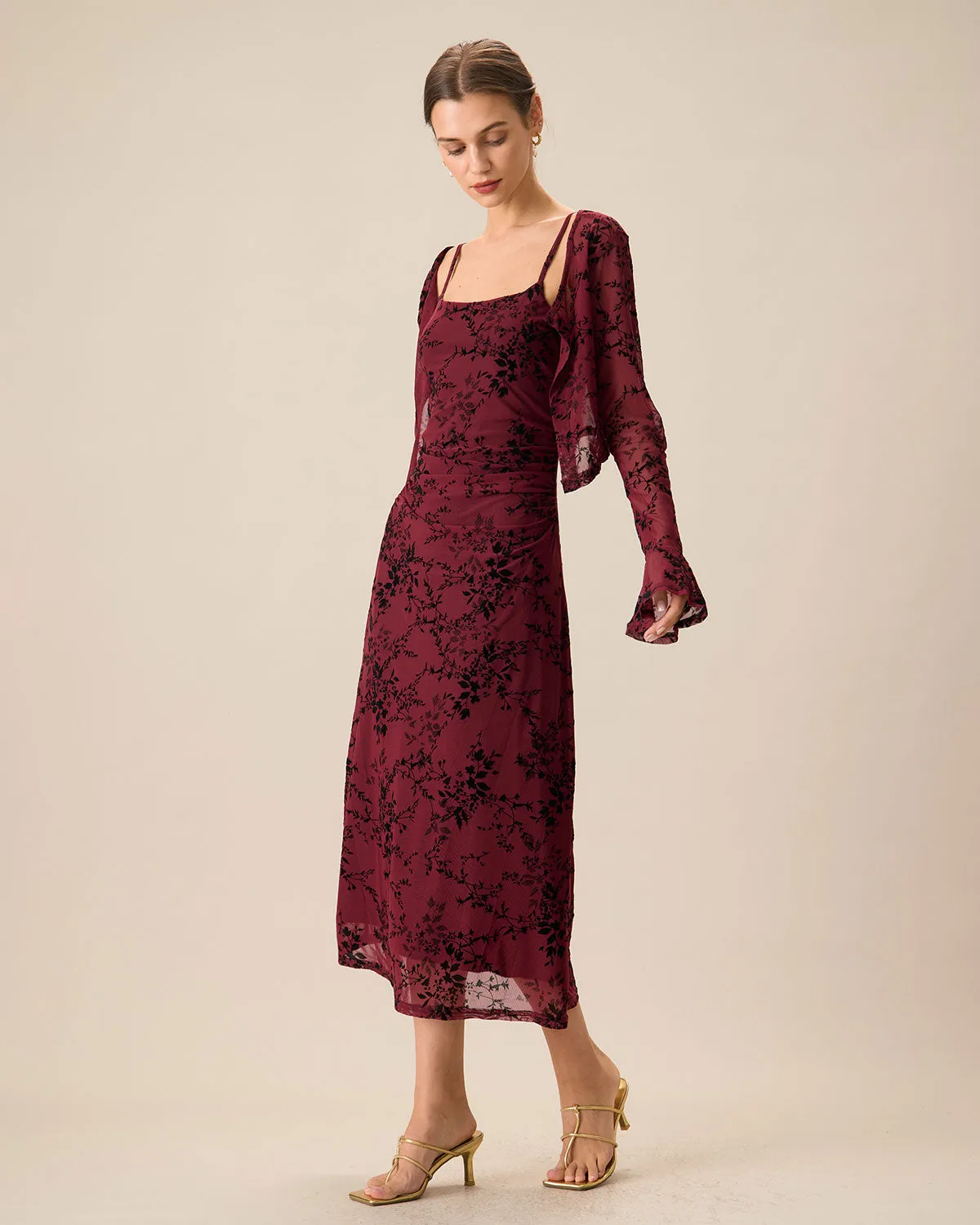 Red Floral Bodycon Slip Midi Dress