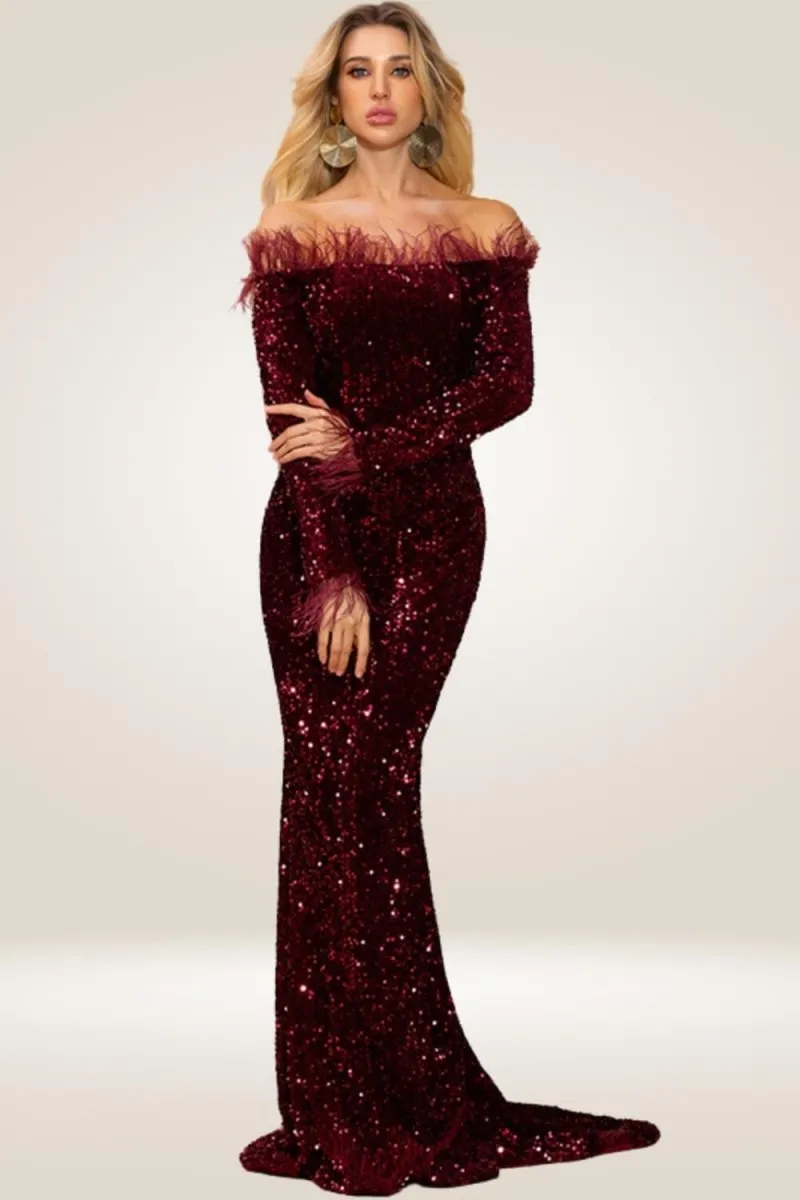 Red Sequin Strapless Feather Long Sleeve Maxi Dress