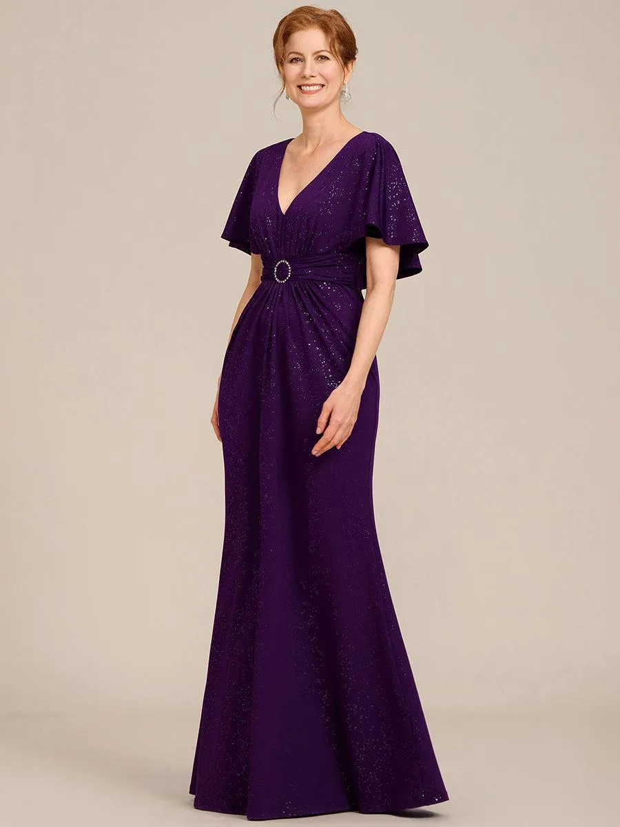 Robe de mère de la mariée à manches chauve-souris plissées et scintillantes