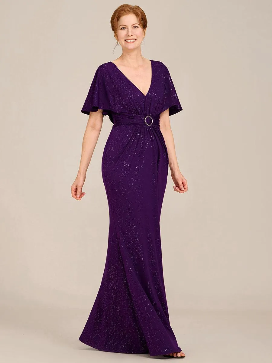 Robe de mère de la mariée à manches chauve-souris plissées et scintillantes
