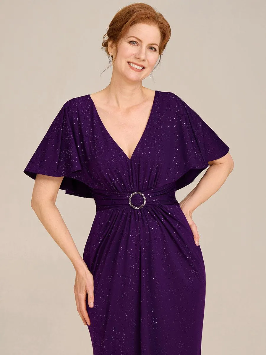 Robe de mère de la mariée à manches chauve-souris plissées et scintillantes
