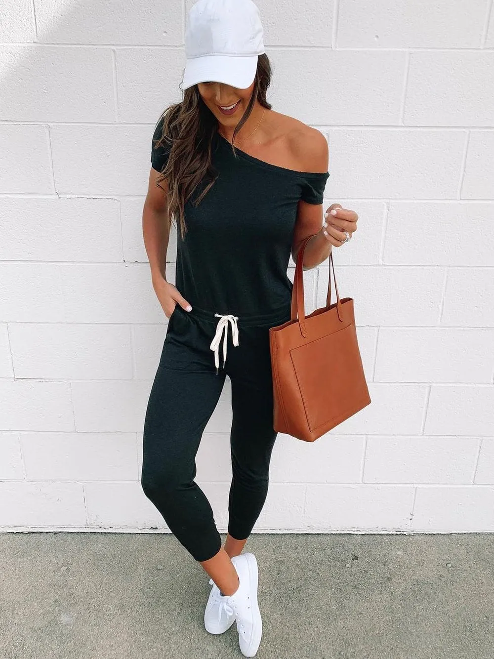 Romance Sleeved With Slanted Shoulder Athleisure Jumpsuits