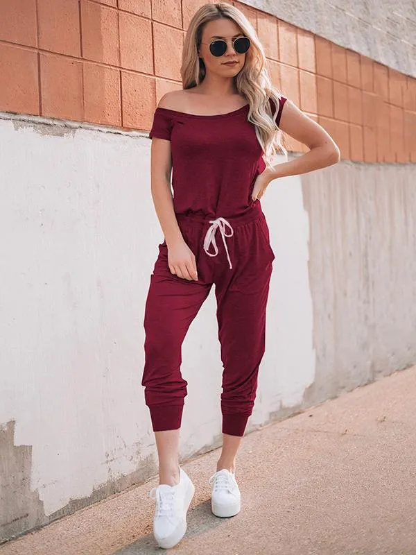 Romance Sleeved With Slanted Shoulder Athleisure Jumpsuits