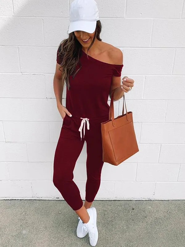 Romance Sleeved With Slanted Shoulder Athleisure Jumpsuits