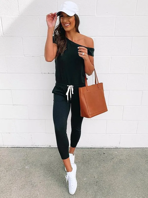 Romance Sleeved With Slanted Shoulder Athleisure Jumpsuits