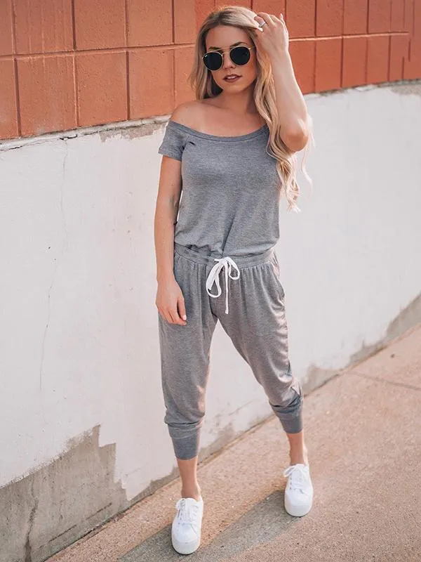 Romance Sleeved With Slanted Shoulder Athleisure Jumpsuits