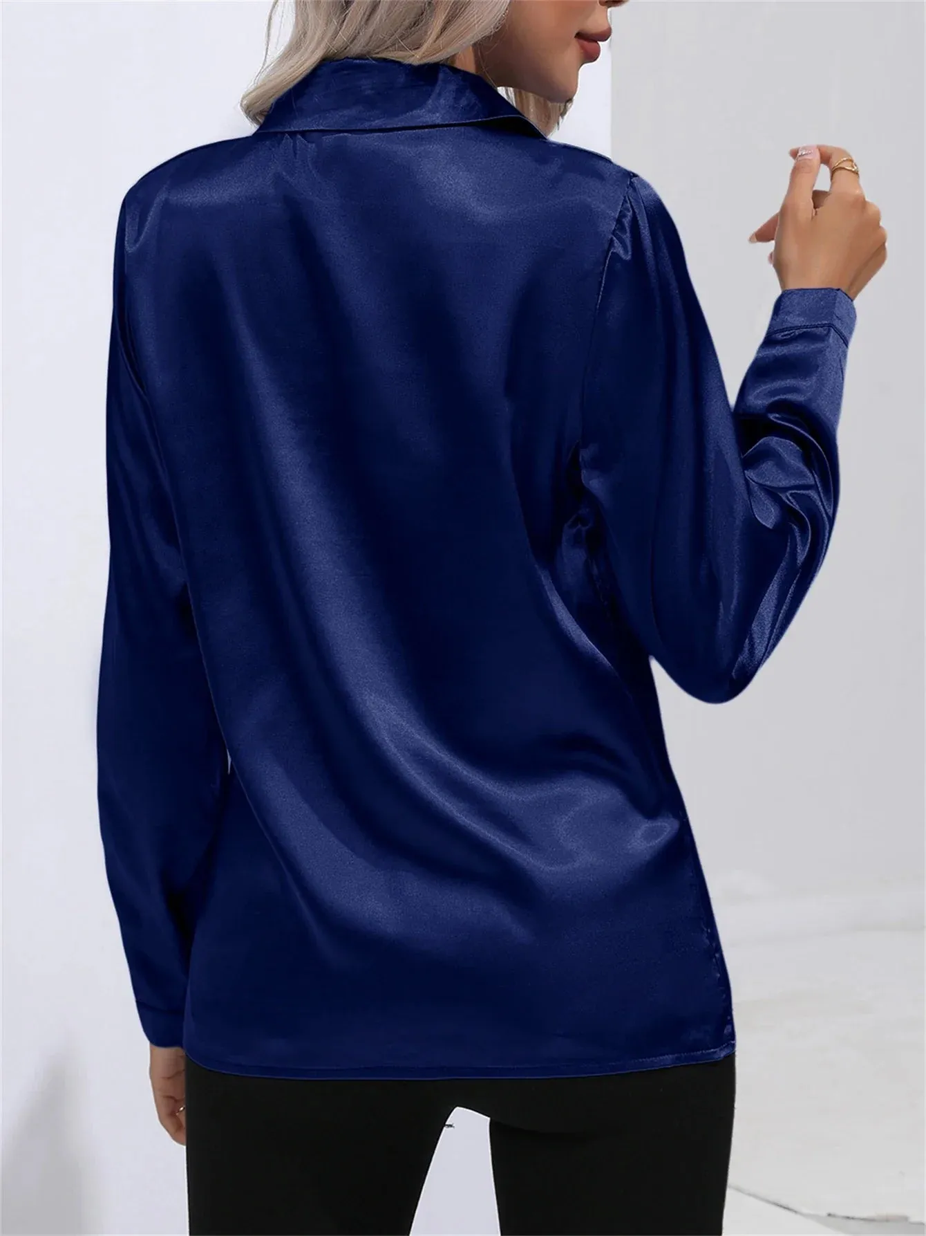 Satin One New Office Button Sleeved Lapel Fashion Simulation Solid Long Blouse