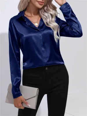 Satin One New Office Button Sleeved Lapel Fashion Simulation Solid Long Blouse