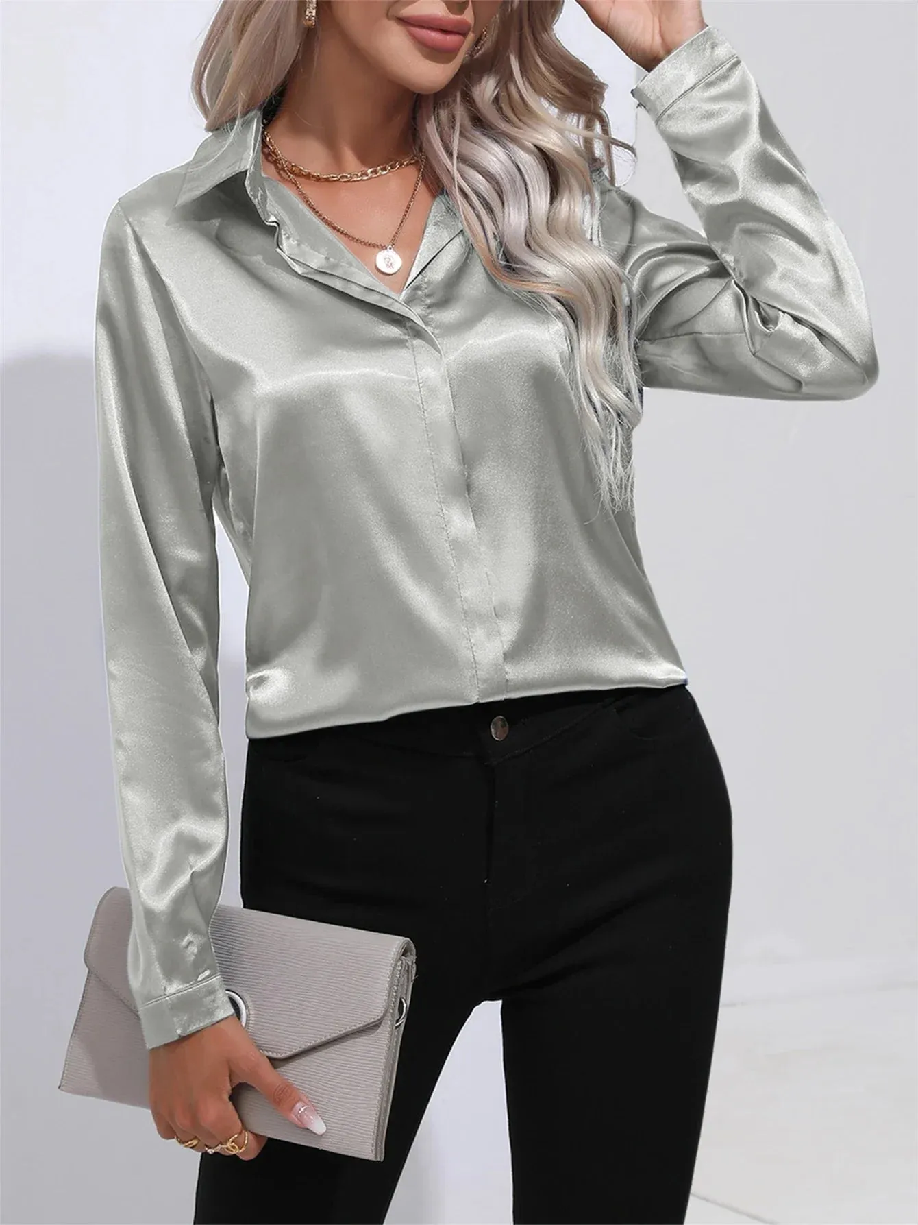 Satin One New Office Button Sleeved Lapel Fashion Simulation Solid Long Blouse