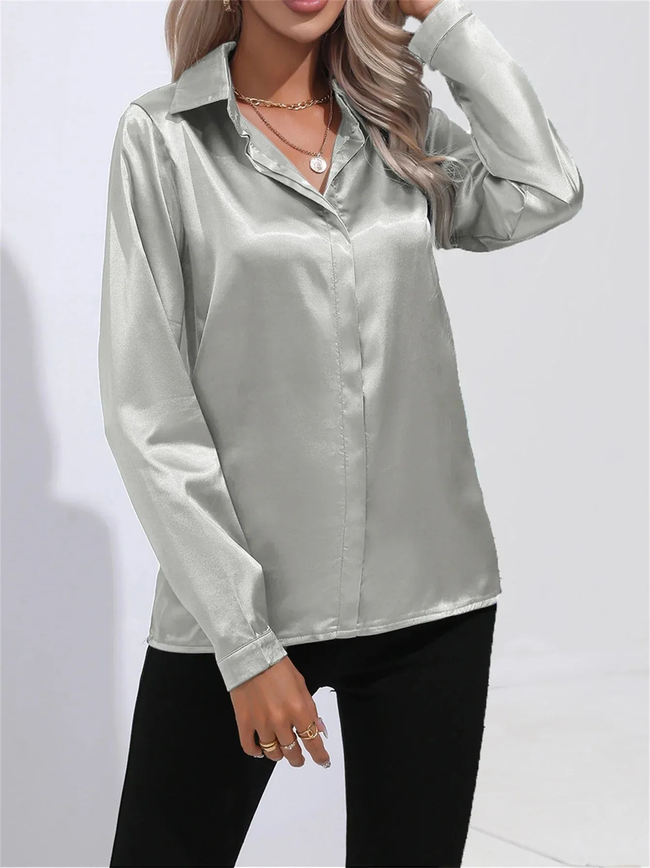 Satin One New Office Button Sleeved Lapel Fashion Simulation Solid Long Blouse