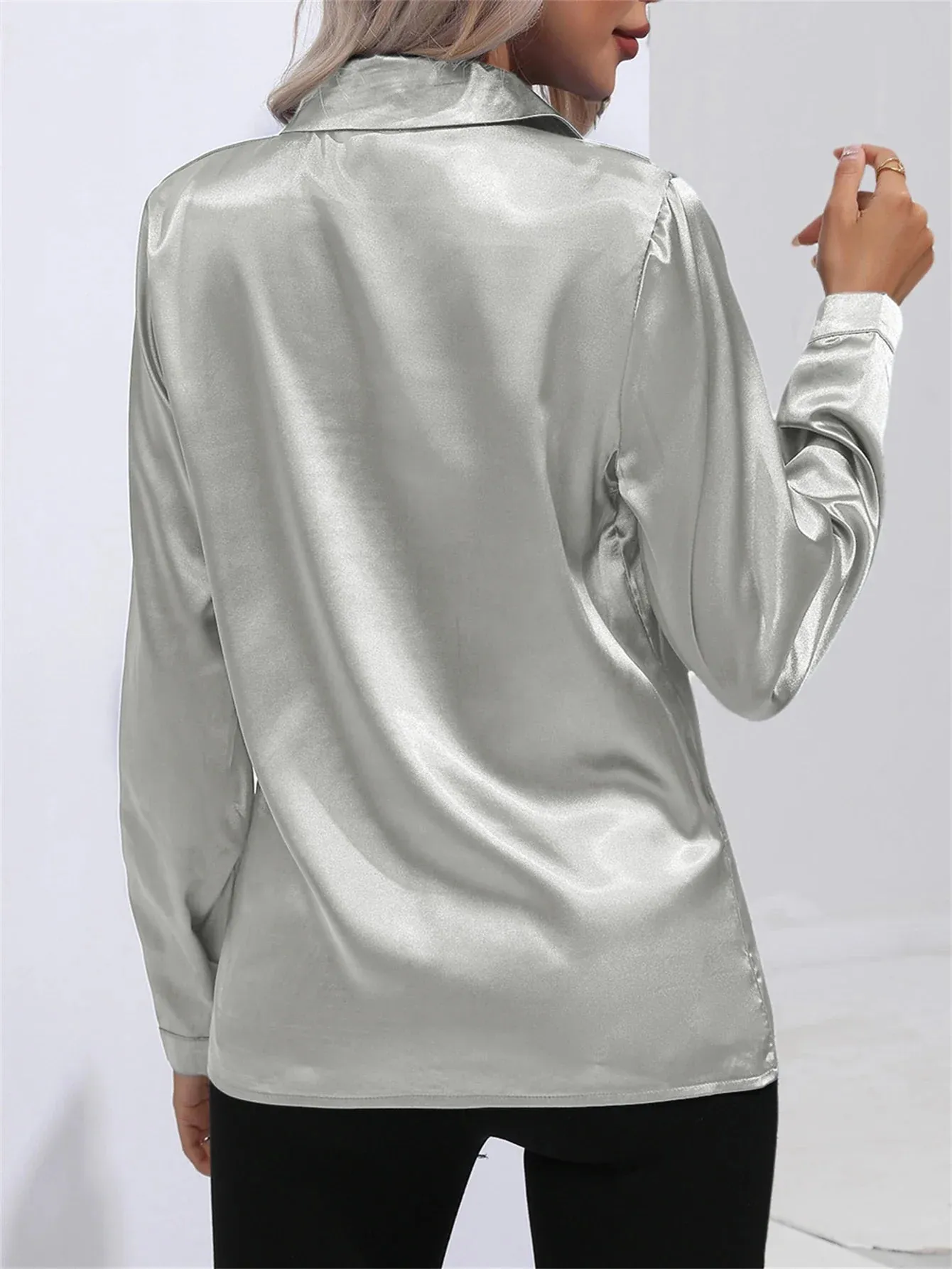 Satin One New Office Button Sleeved Lapel Fashion Simulation Solid Long Blouse