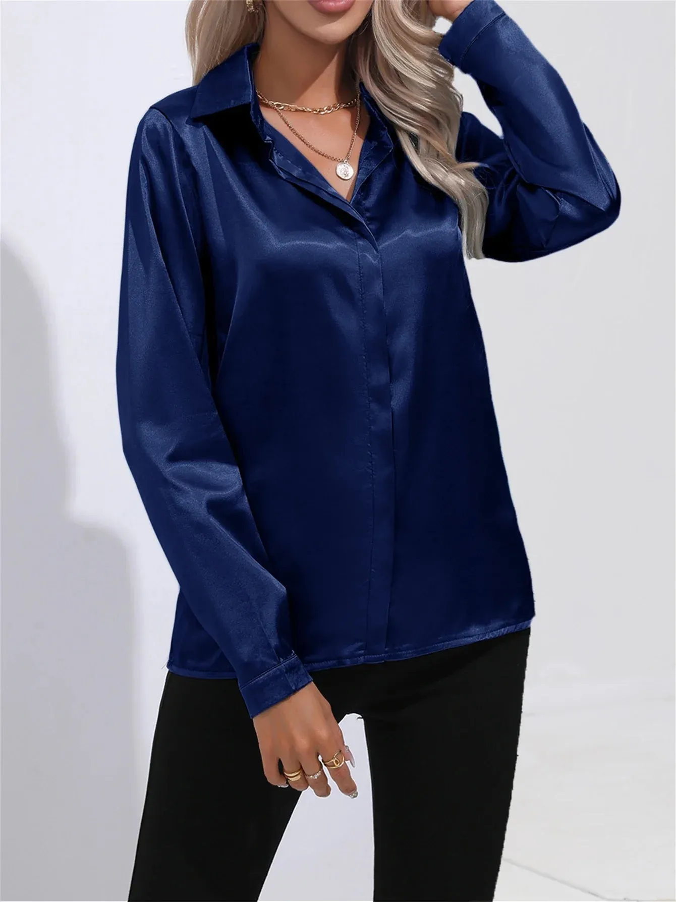 Satin One New Office Button Sleeved Lapel Fashion Simulation Solid Long Blouse