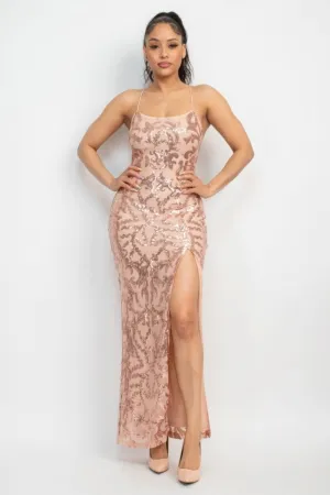 Sequin Back-crisscross Tie Slit Dress